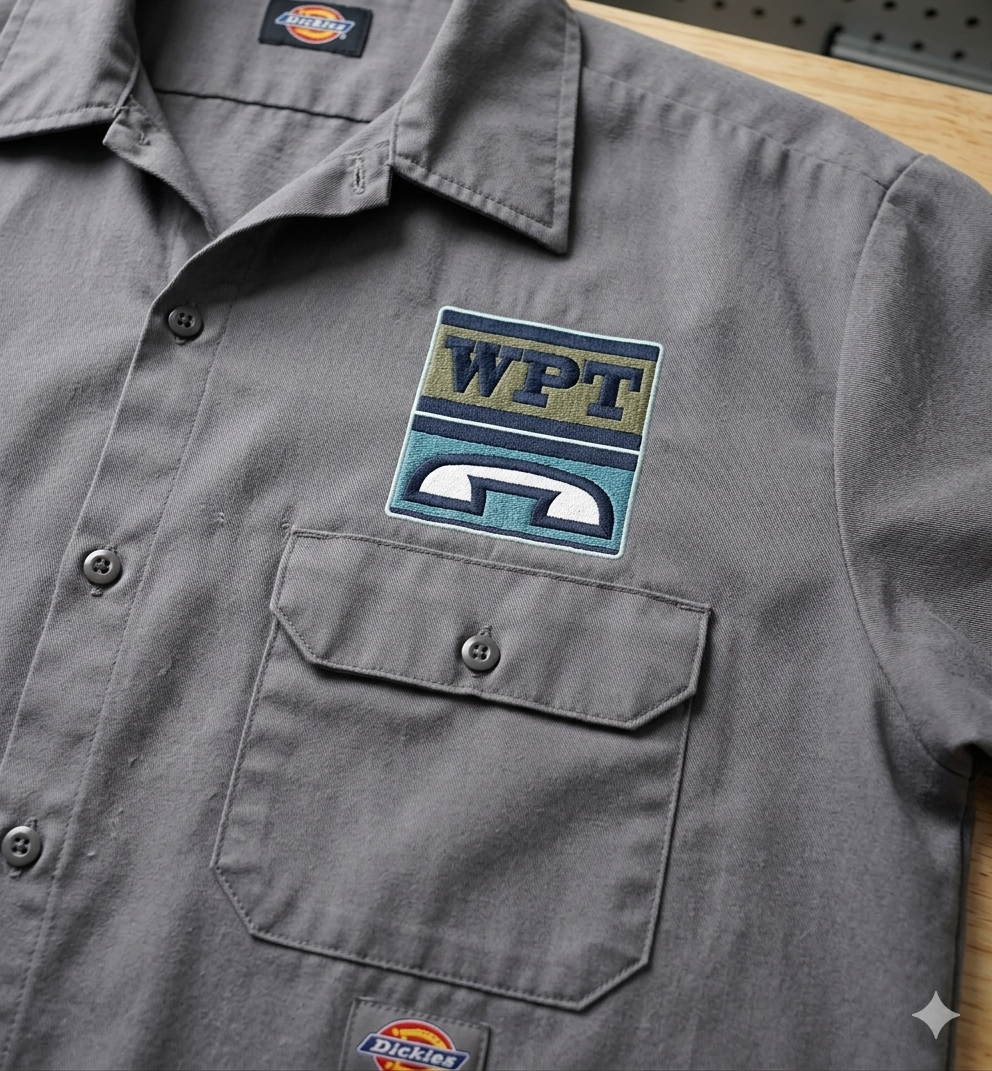 Grey Dickies-cut button-up work shirt with the WPT logo embroidered as a patch on the left chest. The patch shows an olive top with bold navy 'WPT' lettering and a teal bottom with a stylized white phone receiver. A small Dickies brand tag is visible at the collar.